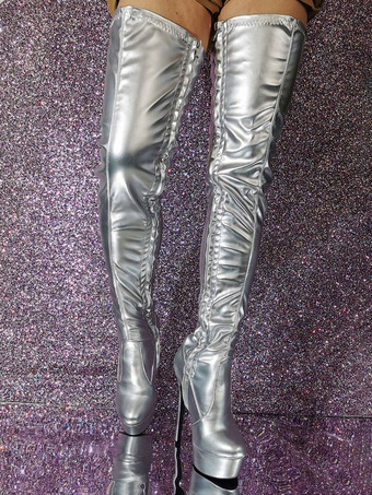 シルバー サイハイ ブーツ プラットフォーム ラウンドトゥ ハイヒール オーバー ザ ニー ブーツ