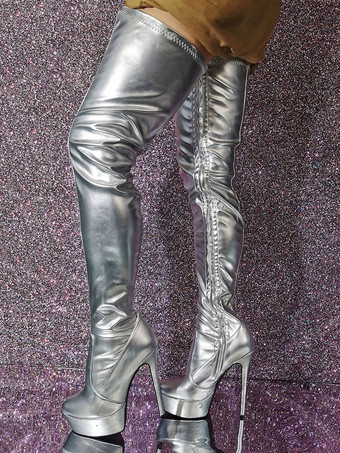 シルバー サイハイ ブーツ プラットフォーム ラウンドトゥ ハイヒール オーバー ザ ニー ブーツ