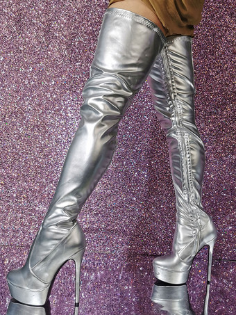 シルバー サイハイ ブーツ プラットフォーム ラウンドトゥ ハイヒール オーバー ザ ニー ブーツ