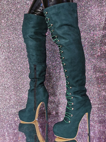 Dark GreenPlus Size Tigh High Boots Round Toe Stiletto Heel Micro Suede Upper
