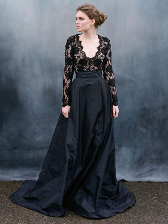 ブラックゴシック ウェディングドレス Aライン 長袖 レース レース コートトレーン ブライダルドレス