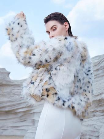 Faux Fur Coats White Long Sleeves Animal Printed Oversized Winter Coat