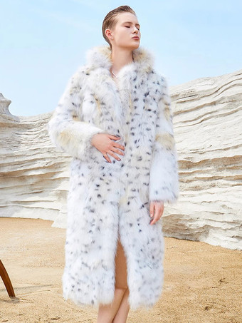 ヒョウ柄フェイクファーコート ホワイト オーバーサイズ エコフレンドリー ロングジャケット レディース 2025