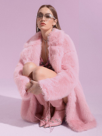 ノッチ付きラペル付きピンクのフェイクファーミディコート、環境に優しいレディースロングジャケット 2025