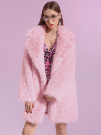 ノッチ付きラペル付きピンクのフェイクファーミディコート、環境に優しいレディースロングジャケット 2025