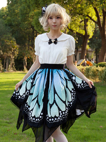 原宿ファッションロリータスカートイメージとして蝶フリル花柄ロリータスカート