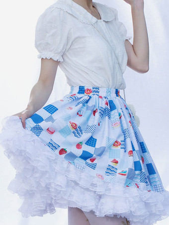 原宿ファッションロリータSK花柄ライトスカイブルーフリルロリータスカート