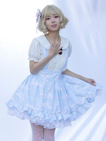 パストラルスタイルロリータSKフリルライトスカイブルー花柄ロリータスカート
