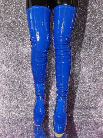 ブルーのサイハイブーツ セクシーなプラットフォームハイヒール オーバーニーブーツ