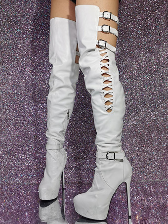 ホワイト 黒のセクシーなサイハイ ブーツ プラットフォーム カットアウト オーバー ニー ブーツ