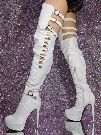 黒のセクシーなサイハイ ブーツ プラットフォーム カットアウト オーバー ニー ブーツ