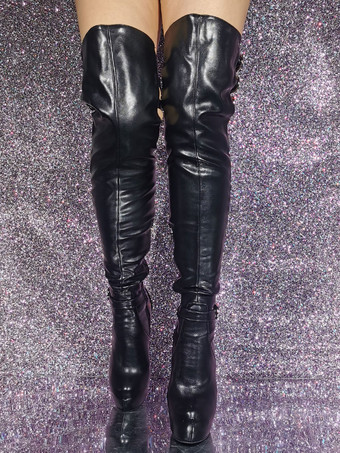 黒のセクシーなサイハイ ブーツ プラットフォーム カットアウト オーバー ニー ブーツ