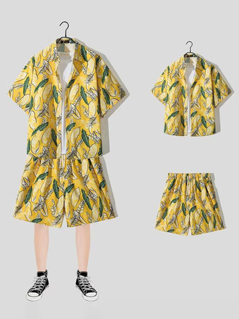 イエローメンズコーデ 紳士服 黄緑 カジュアル 半袖 衣装セット