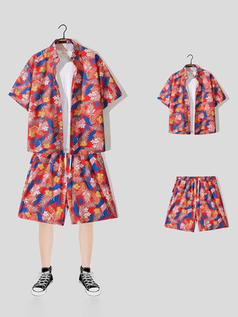 レッド メンズコーデ 紳士服 黄緑 カジュアル 半袖 衣装セット