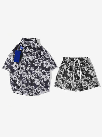 ブラック メンズコーデ 紳士服 オレンジシック半袖衣装セット