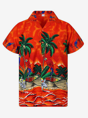 ブリックレッド男性用カジュアルシャツシックなプリントイエローメンズシャツ