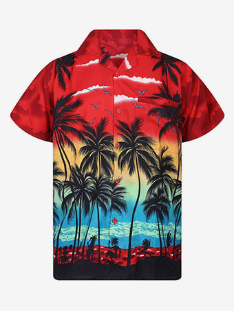 レッド 男性用カジュアルシャツシックなプリントイエローメンズシャツ