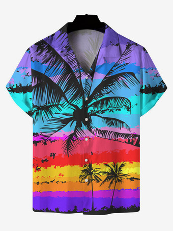 パープル メンズカジュアルシャツカジュアルプリントイエローメンズシャツ