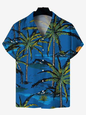 ブルー メンズカジュアルシャツカジュアルプリントイエローメンズシャツ