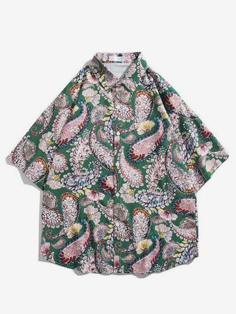 グリーン メンズ カジュアル シャツ シック プリント グリーン メンズ シャツ