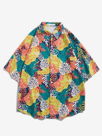 イエロー男性用カジュアルシャツシックなプリントブラックメンズシャツ