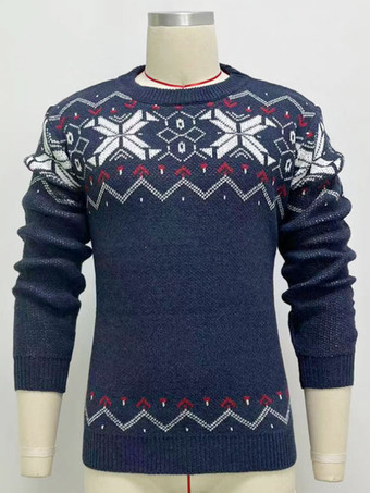 メンズ セーター メンズ プルオーバー ニットウェア ジュエル ネック 幾何学模様 春 ダークネイビー ダークネイビー