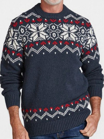 ダークネイビーメンズ セーター メンズ プルオーバー ニットウェア ジュエル ネック 幾何学模様 春 ダークネイビー ダークネイビー