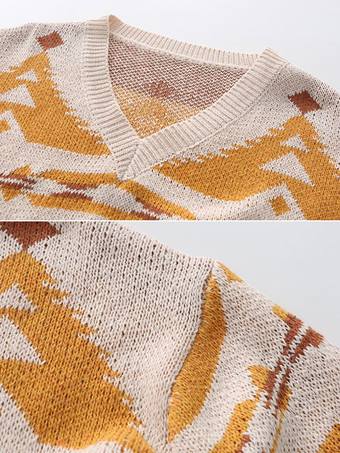 メンズ セーター メンズ プルオーバー ニットウェア V ネック 幾何学模様 冬 アプリコット アプリコット