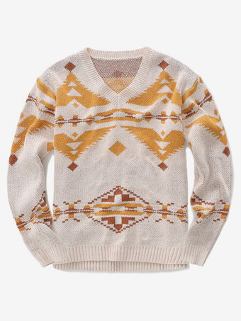 アプリコットメンズ セーター メンズ プルオーバー ニットウェア V ネック 幾何学模様 冬 アプリコット アプリコット