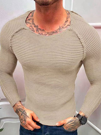 アプリコットメンズセーター メンズプルオーバーニット ジュエルネック 春 アプリコット アプリコット