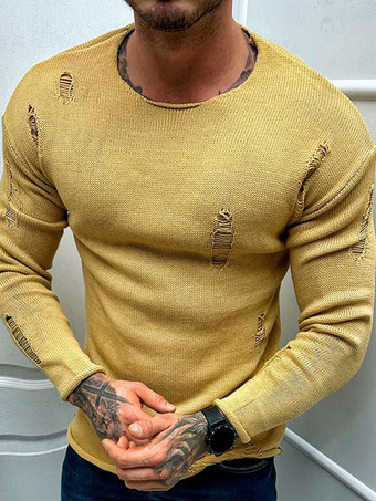 メンズ セーター メンズ プルオーバー ニットウェア ジュエル ネック 冬 イエロー イエロー