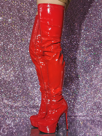セクシーなサイハイブーツ レッドプラットフォームハイヒールオーバーニーブーツ