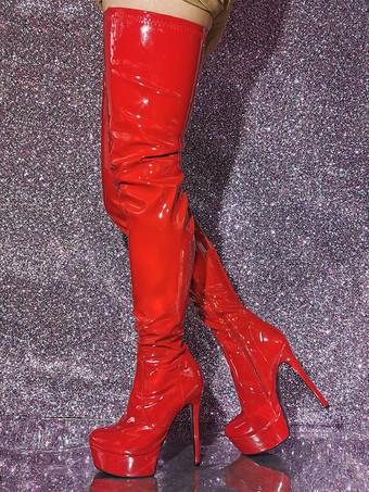 セクシーなサイハイブーツ レッドプラットフォームハイヒールオーバーニーブーツ