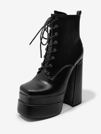 Black Lace Up Booties Women Round Toe Chunky Heel Ankle Boots
