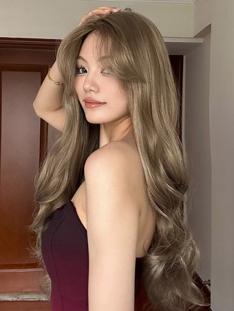 女性のためのロングウィッグディープブラウンカーリーレイヤードカジュアルウィッグ