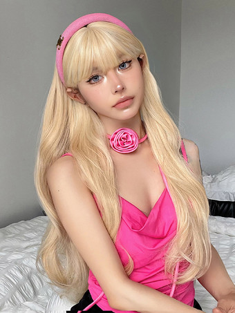 ロングウィッグ ブラントフリンジ ライトゴールド カーリー フェミニンウィッグ