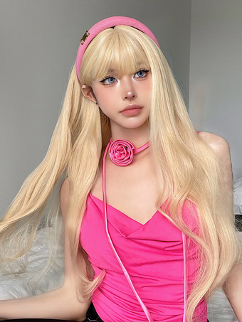 ロングウィッグ ブラントフリンジ ライトゴールド カーリー フェミニンウィッグ