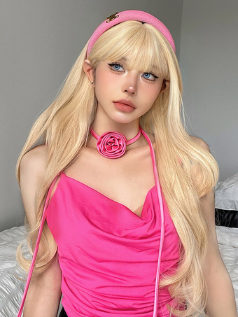 ロングウィッグ ブラントフリンジ ライトゴールド カーリー フェミニンウィッグ