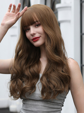女性カーリーウィッグコーヒーブラウン前髪レイヤードロングウィッグ