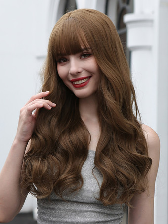 女性カーリーウィッグコーヒーブラウン前髪レイヤードロングウィッグ