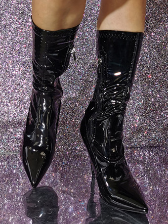 ブラック アンクル ブーツ パテント PU ポインテッドトゥ ハイヒール ブーティ