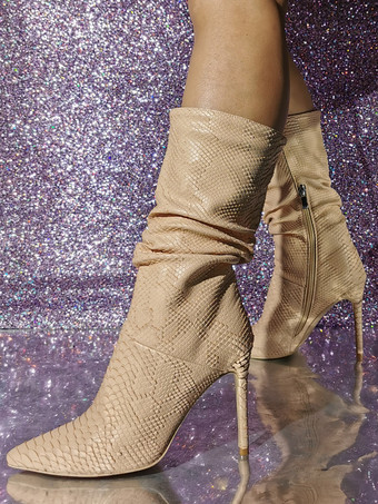 ライト アプリコットハイヒール スネーク柄 ポインテッドトゥ アンクルブーツ