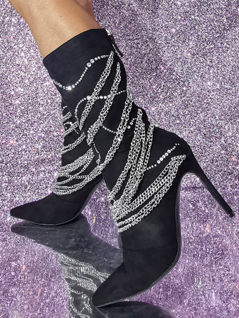 ブラック スエード ポインテッドトゥ スティレットヒール メタルディテール ミッドカーフブーツ