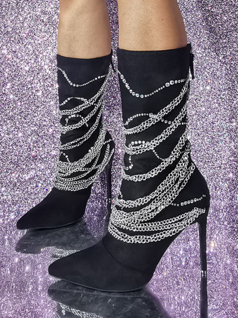 スエード ポインテッドトゥ スティレットヒール メタルディテール ミッドカーフブーツ