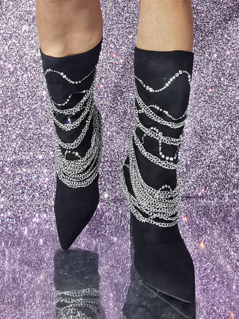 スエード ポインテッドトゥ スティレットヒール メタルディテール ミッドカーフブーツ