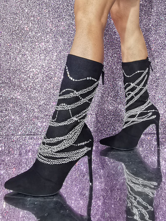 スエード ポインテッドトゥ スティレットヒール メタルディテール ミッドカーフブーツ