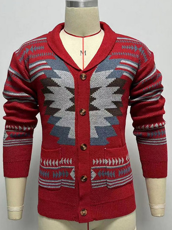 Men's Clothing Cardigan For Men Men's Sweaters Men's Cardigans Simple Geometric Long Sleeves Stylish Red Red