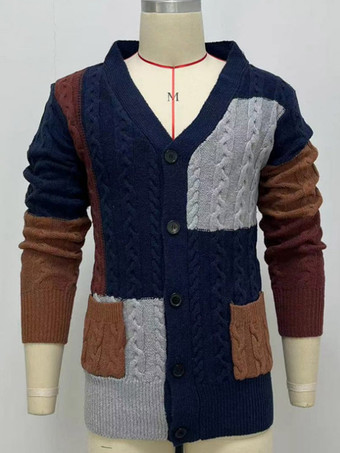 メンズ 衣類 カーディガン メンズ 男性用セーター メンズ カーディガン シックなカラーブロック 長袖 ユニーク ダークネイビー ダークネイビー