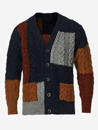 メンズ 衣類 カーディガン メンズ 男性用セーター メンズ カーディガン シックなカラーブロック 長袖 ユニーク ダークネイビー ダークネイビー