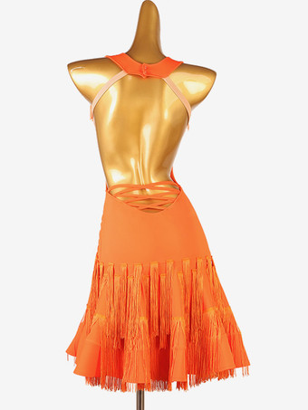 ラテンダンスドレス オレンジ レディース ライクラスパンデックス ドレス フリンジ ラテンダンサー ダンス衣装